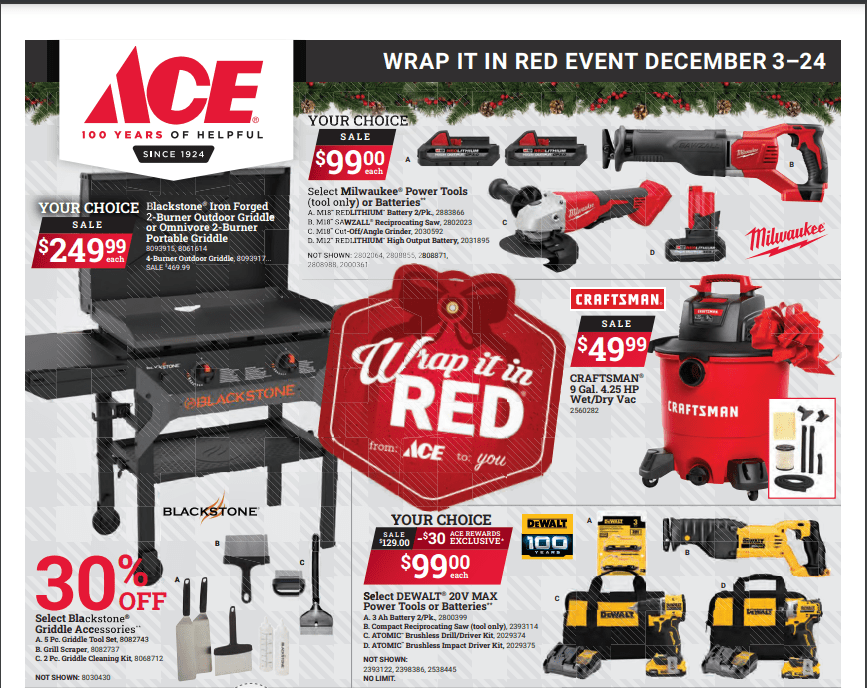 Ace Red Hot Buys Flyer with a grill, tool set, tool bag, paint brushes, and shop vac