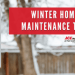 Winter Home Maintenance Tips, tree and fence in the background with snow covering them. A thermometer in the corner showing the temperature of outside.