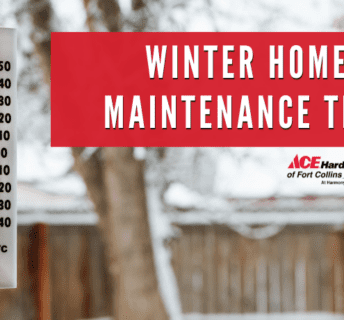 Winter Home Maintenance Tips, tree and fence in the background with snow covering them. A thermometer in the corner showing the temperature of outside.