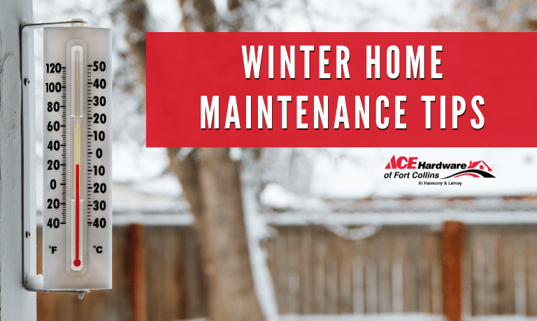 Winter Home Maintenance Tips, tree and fence in the background with snow covering them. A thermometer in the corner showing the temperature of outside.