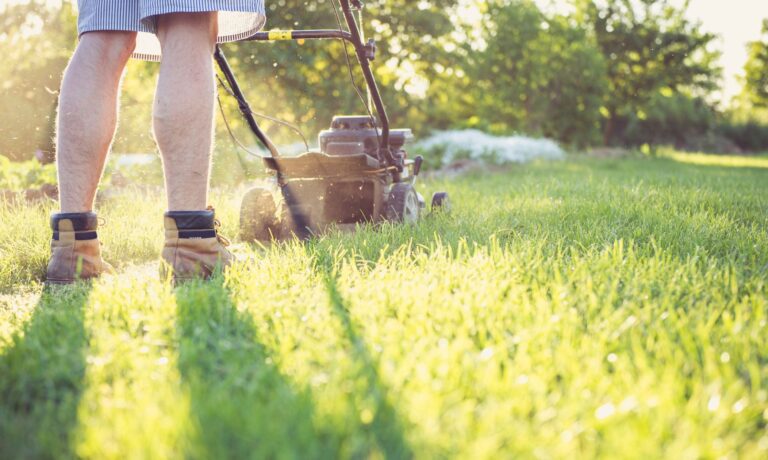 Photo of man mowing lawn. Keep Your Lawn Lush and Green in July.